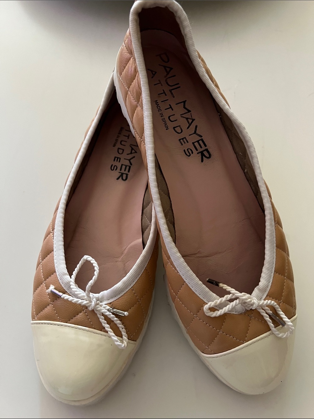 Paul Mayer Attitudes Quilted Tan Ballet Lug bottom with White Cap Toe Size 6.5